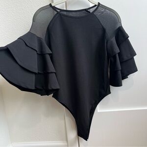 Black Ruffled Sleeve Mesh-Shoulder Bodysuit